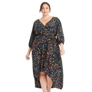 Ava & Viv Plus 3/4 Sleeve High Low Hem Faux Wrap Black Floral Dress Size 1X